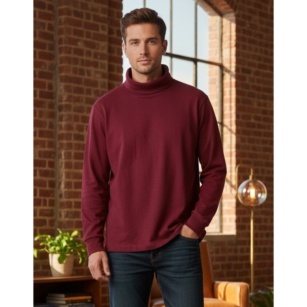 Lands End Men's Regular L Long Sleeve Turtleneck Shirt Cotton USA Red Pullover